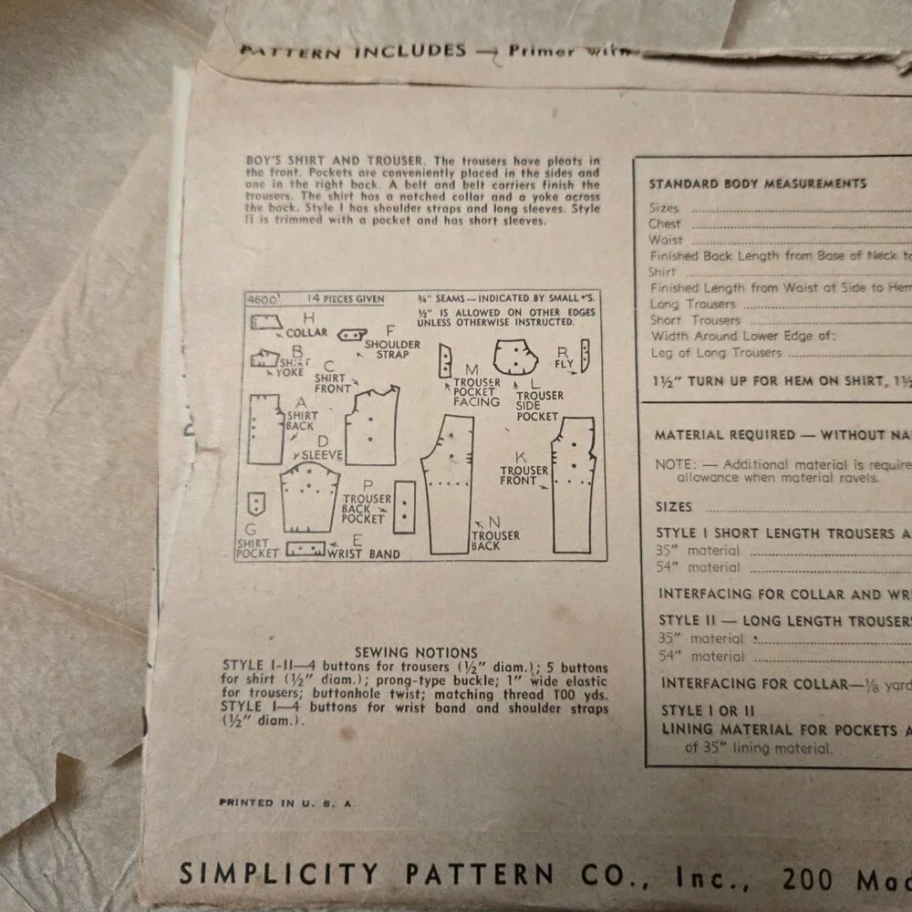 Simplicity 4600 sewing pattern Boys Shirt Trouser Size 6 vintage 40s CUT